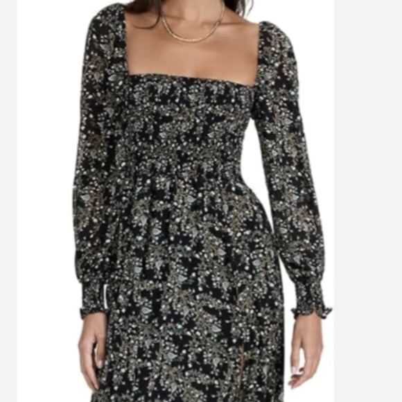 O.P.T. Classic Smocked Maxi Dress in navy with forest green floral detailing - Picture 5 of 5